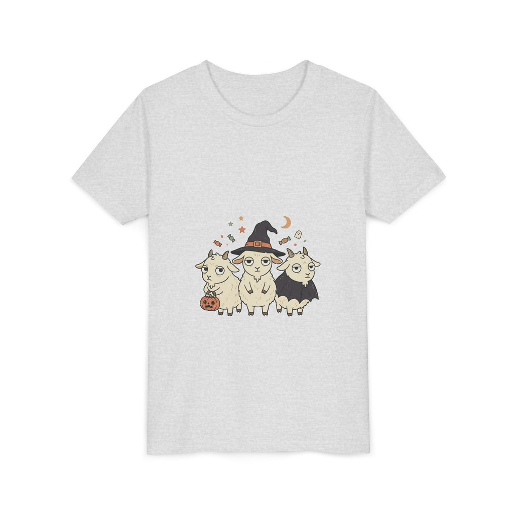 Youth Tee — Cute Halloween Goats Graphic Tee (Witch Hat, Pumpkin)